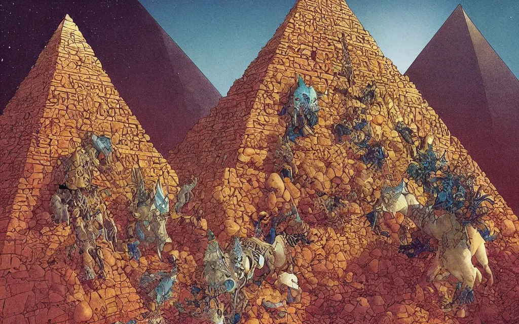 Prompt: pyramids. retro art by jean giraud. fibonacci. by brian froud, yoshitaka amano, kim keever, victo ngai