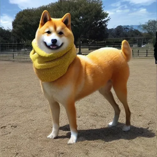 Prompt: a shiba inu in a horse disguise. highly detailed