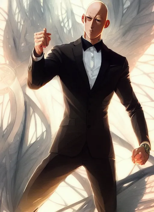 Prompt: ultra realistic illustration, handsome saitama. intricate, black suit, highly detailed, digital painting, artstation, concept art, smooth, sharp focus, illustration, art by artgerm and greg rutkowski and alphonse mucha and wlop