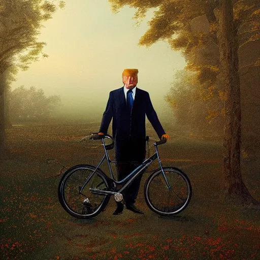 Image similar to president trump repairs bicycles, at the white house, photography, hyperrealistic, by beeple, greg rutkowski, caspar david friedrich, smooth, illustration, elegant, artstation, digital painting.