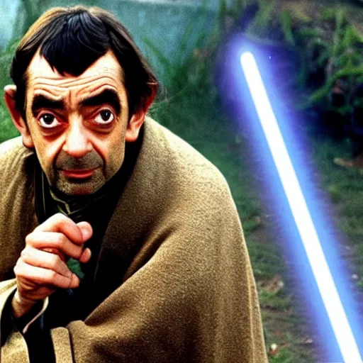 Image similar to Still of Mr. Bean as jedi master Obiwan kenobi!!!!. in Star Wars (1977). detailed eyes. medium shot, technicolor. light saber