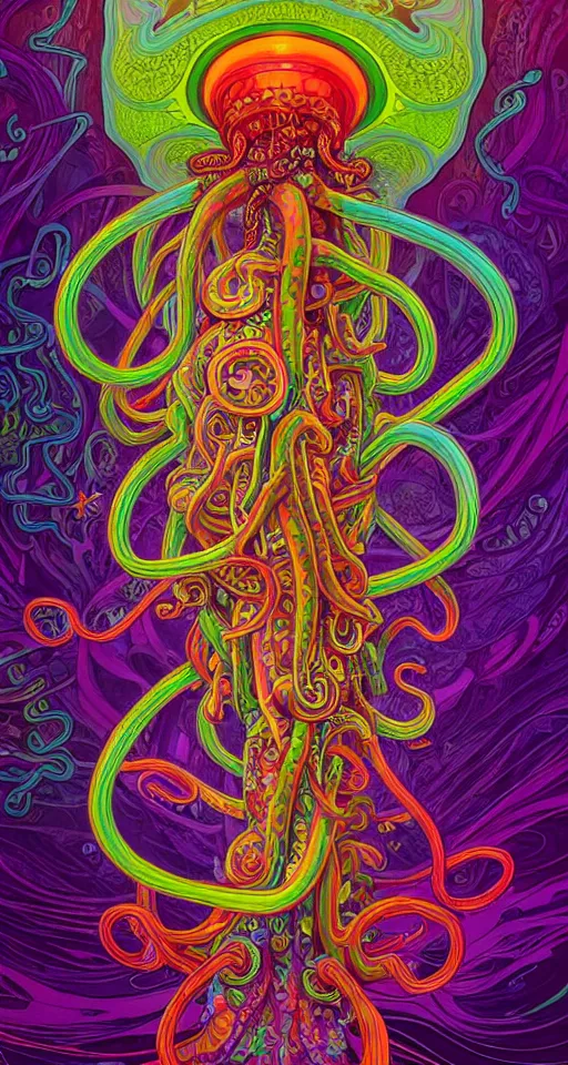 Image similar to An extremely psychedelic abstract illustration of octapus with colorful glowing tentacles, colorful, surreal, dramatic lighting, magic mushrooms, psilocybin, LSD, detailed, intricate, elegant, highly detailed, digital painting, artstation, concept art, smooth, sharp focus, illustration, art by Krenz Cushart and Artem Demura and alphonse mucha, unreal engine 5 render, 8k