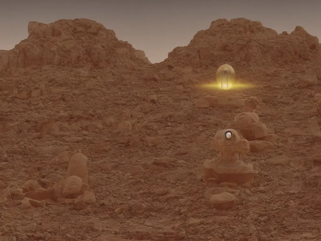 Image similar to glowing bene gesserit in full - face golden mask in a dry rocky desert landscape with abandoned city beneath the sand and giant alien spaceship in the sky attacks the earth by christopher doyle and alejandro jodorowsky, anamorphic lens, kodakchrome, cinematic composition, very detailed photo, 8 k,