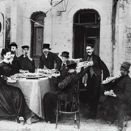 Prompt: a bunch of victorian era vampires eating pizza in tel aviv