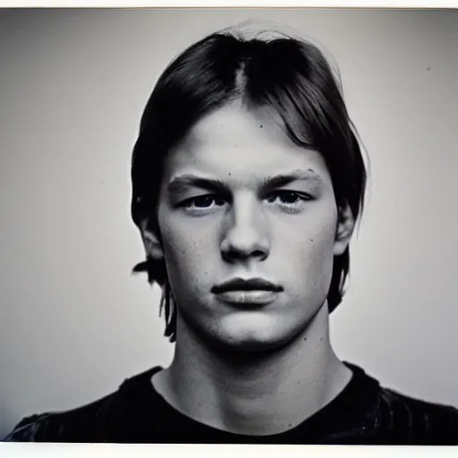 Image similar to Mugshot Portrait of Young David Gilmour, taken in the 1970s, photo taken on a 1970s polaroid camera, grainy, real life, hyperrealistic, ultra realistic, realistic, highly detailed, epic, HD quality, 8k resolution, body and headshot, film still, front facing, front view, headshot and bodyshot, detailed face, very detailed face