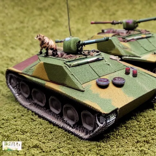 Image similar to 1/35 scale model of Tiger tanks sieging a group of guinea pigs in a garden, 8k, award winning photo, scale model photography,