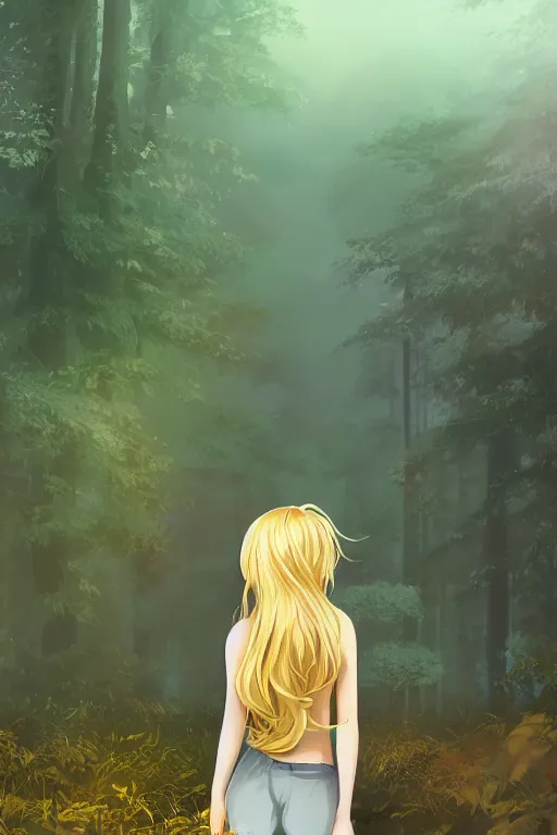 Prompt: pretty young man with long golden blond hair made of shiny and sparkling gold, demure, slender, back view, lost, trees, detailed forest background, webtoon, breathtaking scenery, colourful, 8 k, graphic novel, digital art trending on artstation, volumetric lighting, octane render, cinematic, hyper detailed, magical atmosphere, magical forest, anime