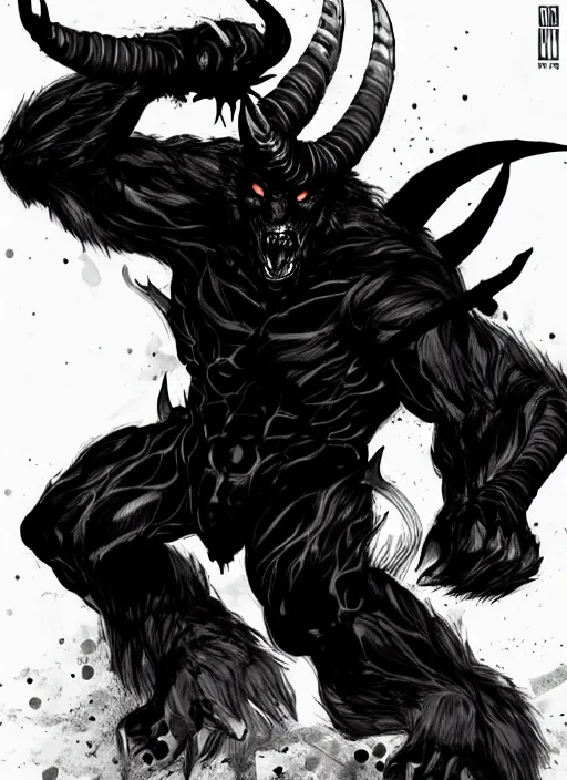 Image similar to A horned shadow demon bear spirit with sharp claws. In style of Yoji Shinkawa and Hyung-tae Kim, trending on ArtStation, dark fantasy, great composition, concept art, highly detailed.