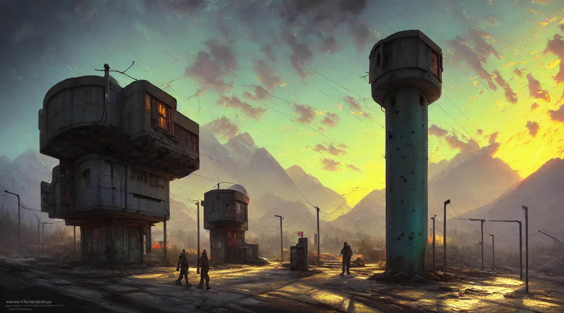 Prompt: post - apocalyptic police station under kashmir mountains, concrete building, paved roads, by thomas kinkade, by simon stalenhag, highly detailed photography, trending on artstation, hyperrealistic, human silhouettes, cyberpunk, environment artist, dystopian, science fiction