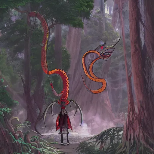 Image similar to concept art painting of an anthropomorphic dragon king with robes, a long dragon neck, and skull mask, in a deep forest, cel shaded, in the style of makoto shinkai and james gurney and studio ghibli and moebius