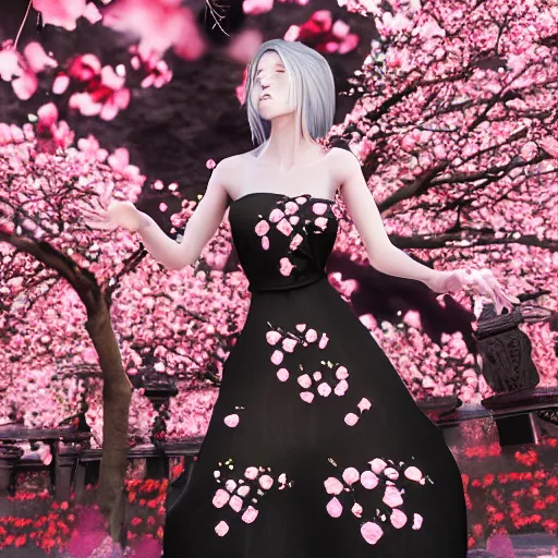 Image similar to beautiful girl in a dress made of black roses and cherry blossoms, beautiful portrait, symmetrical, character concept style trending on artstation concept art detailed octane render cinematic photo - realistic 8 k high detailed