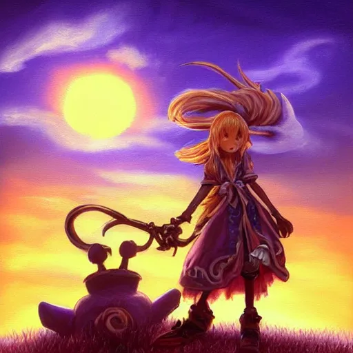 Image similar to painting of vivi!!!!!!!! from final fantasy 9!!!!!, watching a purple and orange sunset!!, from the black mage cemetery!!!, in the style of justin gerard!!!!