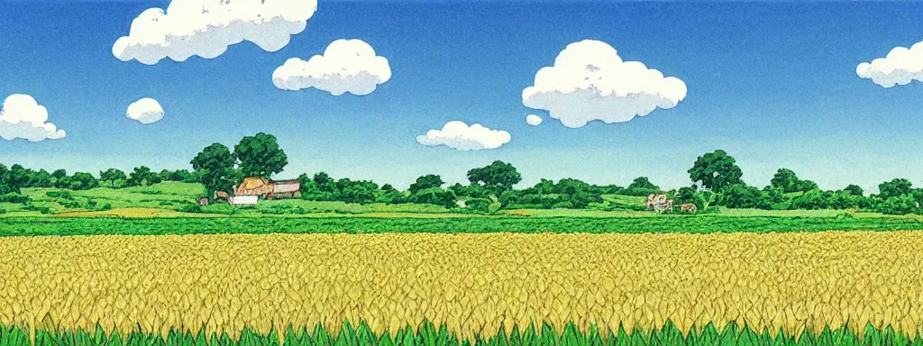 Image similar to wheat farm field, landscape, very detailed, art by Studio Ghibli