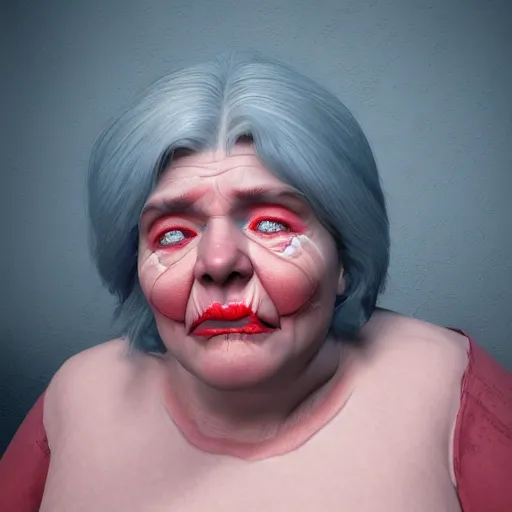 Image similar to 3 d hyper realistic cinematic scene of a sweet fat old woman kissing herself. window. symmetrical face, red mouth, blue eyes. deep focus, lovely scene. ambient occlusion render. concept art. unreal engine.