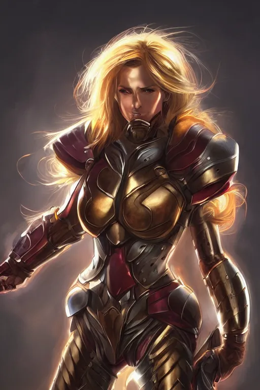 Prompt: Picture of Female Paladin, bulky armor, metallic red, golden hair, dark brown skin, becautiful face, pin-up poster, by wlop, artgerm and genzoman, painting, HD
