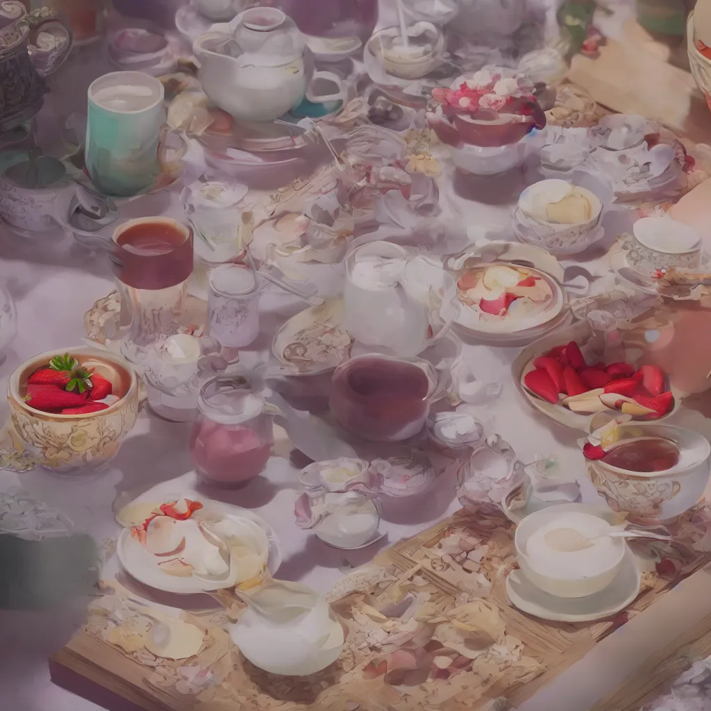 Prompt: colored milk tea, rice cream, strawberry embellishment, trending on studio ghibli, dreamy, soft, global illumination, radiant light, intricate environment, luminescence, highly detailed, 8 k