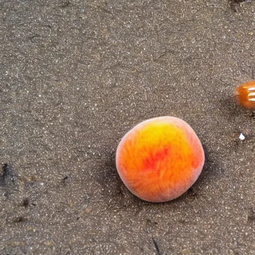 Prompt: a female peach with eyelashes and long legs walking on the beach, realistic, macro photo, highly detailed