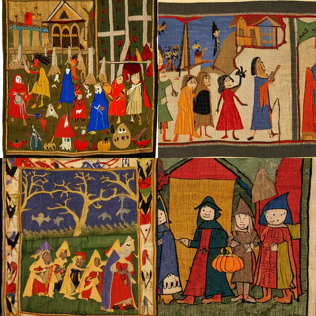 Prompt: medieval tapestry of children trick or treating on halloween, 1 0 th century, detailed, 4 k, metropolitan museum of art