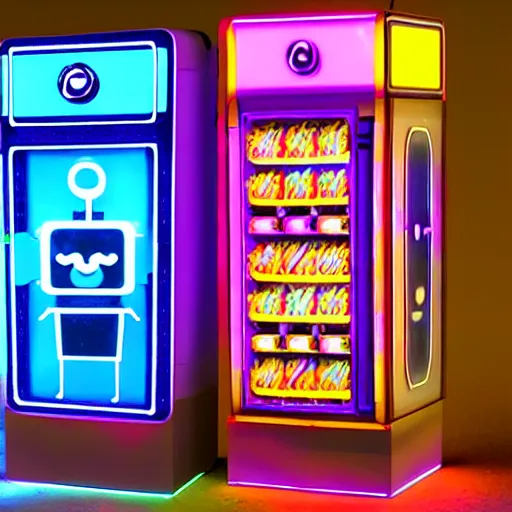 Prompt: friendly robot vending machine with pastel led lights made of cheap materials selling cheap junk food in a city comprised of light matter, set in the distant future, plants, light prisms, rainbow diffraction, steampunk, cyberpunk, robots, warm lights, anime, vhs distortion, art style mimics starlight brigade by game grumps