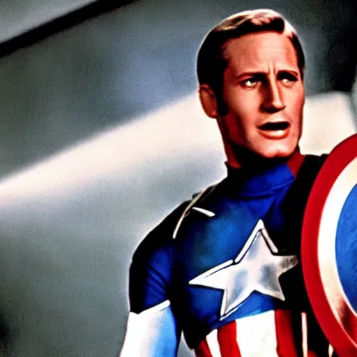 Prompt: a color film still of paul newman as steve rogers in captain america ( 1 9 7 4 )