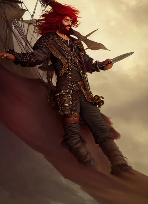 Image similar to upper body shot of male pirate, D&D, handsome, fantasy, intricate, long hair, steampunk airship in backdrop, steampunk, red hair, elegant, highly detailed, digital painting, artstation, concept art, smooth, sharp focus, illustration, art by artgerm and greg rutkowski and alphonse mucha