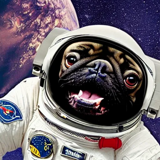 Image similar to hyper realistic, highly detailed, astronaut pug in space.