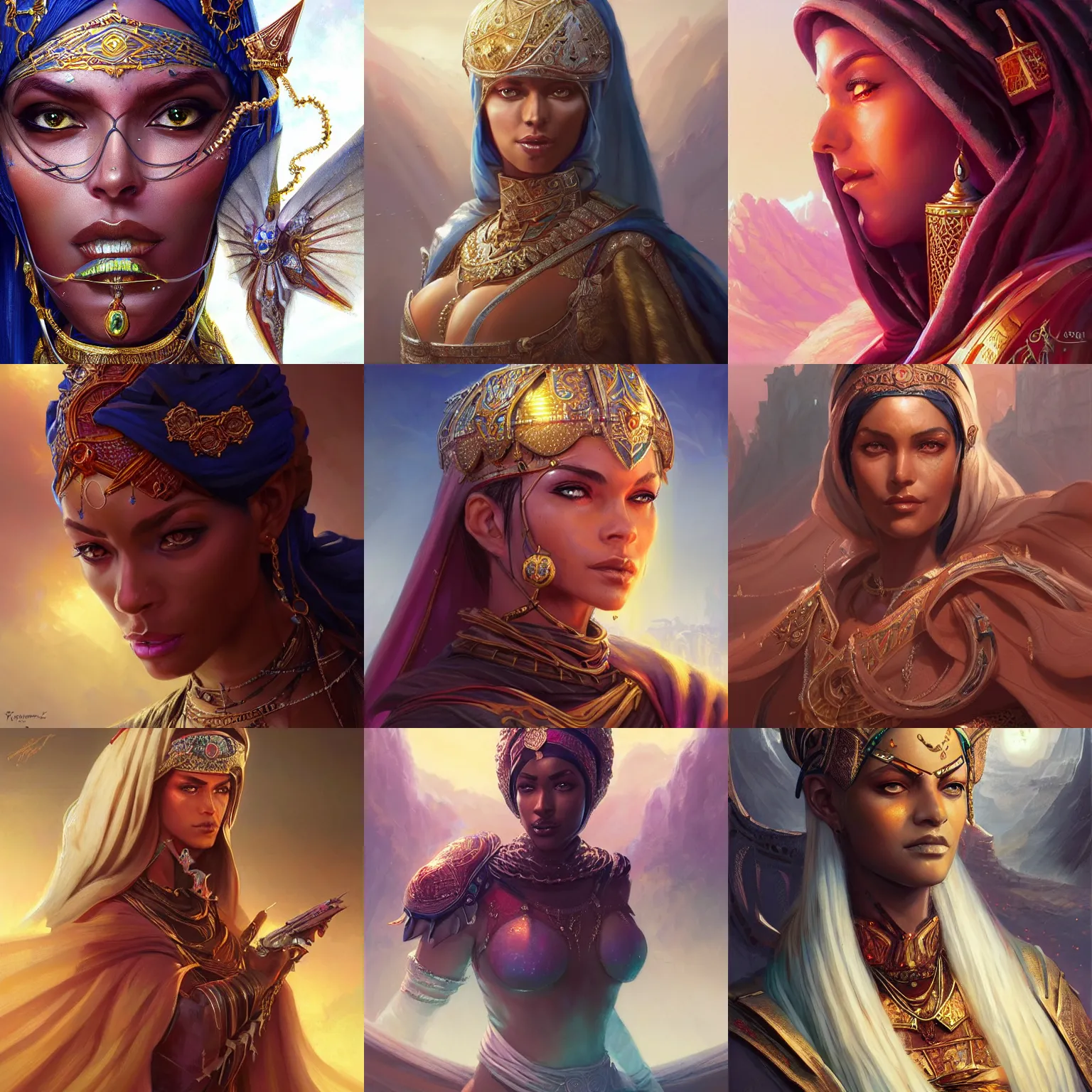 Image similar to saharan empress, D&D, fantasy, portrait, highly detailed, digital painting, trending on artstation, concept art, sharp focus, illustration, art by artgerm and greg rutkowski and magali villeneuve