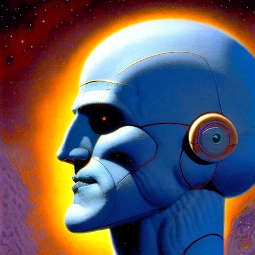 Prompt: cinematic portrait of a cosmic robot doctor manhattan, only head and chest, white hair and white beard, intricate, desaturated, Tim Hildebrandt, Wayne Barlowe, Bruce Pennington, donato giancola, larry elmore, maxfield parrish, Moebius, Thomas Ehretsmann, oil on canvas, gouache painting, masterpiece, trending on artstation, cinematic composition, dramatic pose, volumetric lighting, sharp, details, hyper-detailed, HD, 4K, 8K