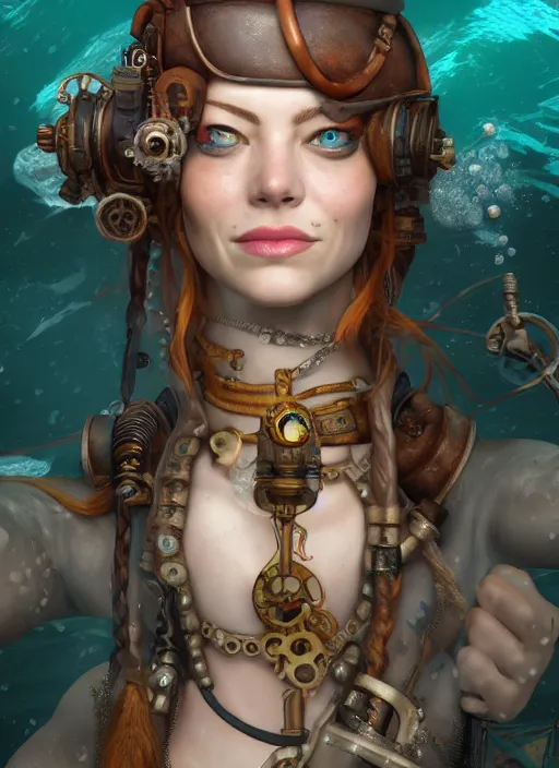 Image similar to underwater steampunk pirate portrait of emma stone, hyper detailed, digital art, trending in artstation, cinematic lighting, studio quality, smooth render, unreal engine 5 rendered, octane rendered, art style by klimt and nixeu and ian sprigger and wlop and krenz cushart.