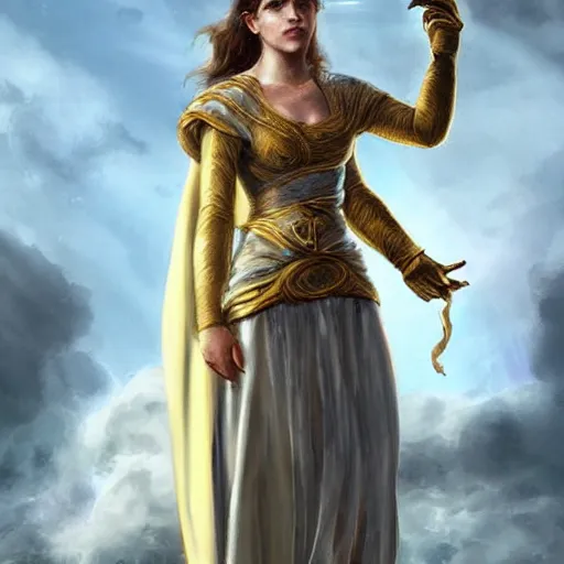 Image similar to Emma Watson as ancient greek woman in golden helmet, giant grey-haired bearded male face in the sky, epic fantasy style art, fantasy epic digital art