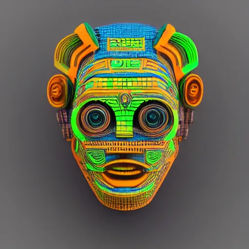 Prompt: claymodel of a cyberpunk aztec futurism robot head, 8 k, symetrical, flourescent colors, halluzinogenic, multicolored, black background, 3 d render,