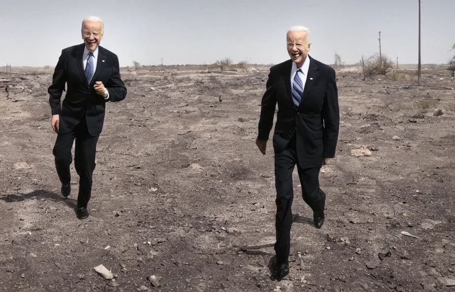 Image similar to a color photo of joe biden walking in a wasteland