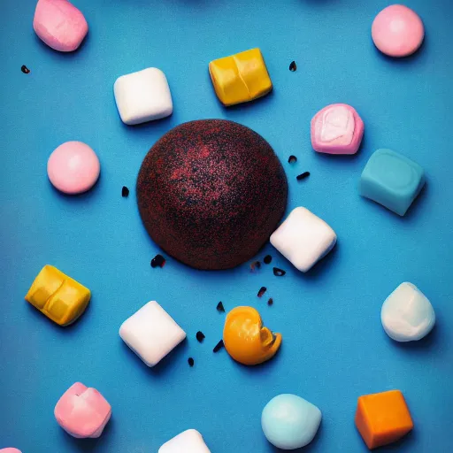 Image similar to !dream A world made entirely of candy, where the sky is a deep blue and the sun is a giant marshmallow. The ground is soft and bouncy like cotton candy, and every creature is some kind of dessert. Multi-compositional image with food photography.