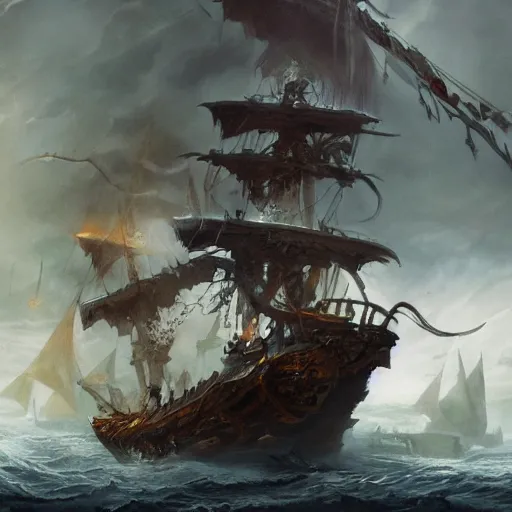 Image similar to !dream epic battle of pirates with a ghost ship filled with undead, fantasy concept art, trending on artstation, artstationHD, artstationHQ, 8k