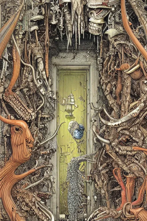 Image similar to a doorway to an impossible dream beyond comprehension, very very detailed painting by geof darrow and greg rutowski and hr giger