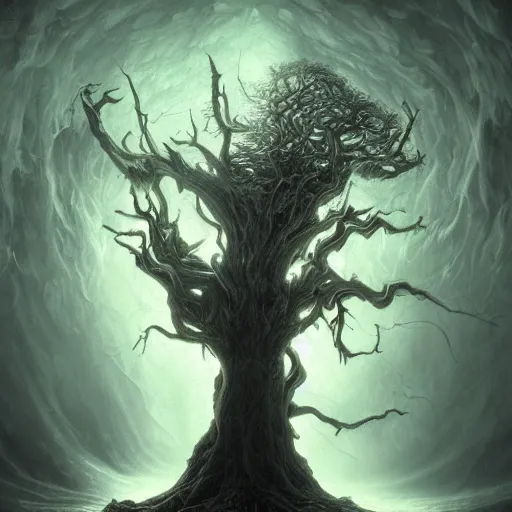 Prompt: Photorealistic demonic eldritch tree in the style of Michael Whelan and Gustave Dore. Hyperdetailed photorealism, 108 megapixels, amazing depth, glowing rich colors, powerful imagery, psychedelic Overtones, 3D finalrender, 3d shading, cinematic lighting, artstation concept art