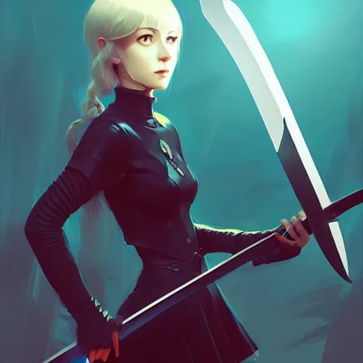 Image similar to a woman holding a sword with a dragon on it, concept art by Ilya Kuvshinov, contest winner, fantasy art, official art, concept art, high detail, experimental, high quality, hyperrealistic, 4k