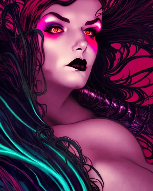 Image similar to low angle closeup beautiful very seductive satanic witch, retro scifi goddess pinup, action glamour pose, windblown dark hair, hyper detailed, digital art, studio lighting, smooth, ambient lighting, sharp focus, frank miller, wlop, anna dittmann, moebius!, alphonse mucha, patrick nagle!!, rim lighting, synthwave