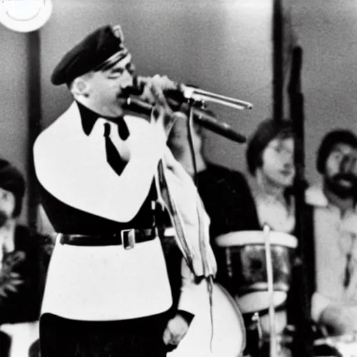 Image similar to A still of Hitler performing in a 1970s funk band