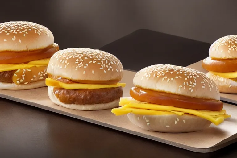 Prompt: mcdonalds stacked cheese slices between sesame seed buns, commercial photograph