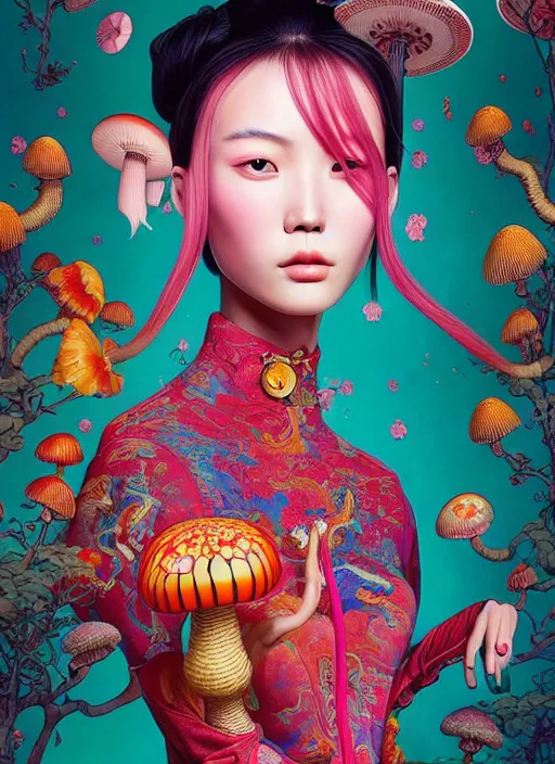 Image similar to pretty chinese model with hallucination mushroom : : by martine johanna and simon stalenhag and chie yoshii and casey weldon and wlop : : ornate, dynamic, particulate, rich colors, intricate, elegant, highly detailed, centered, vogue, harper's bazaar art, fashion magazine, smooth, sharp focus, octane render, 8 k