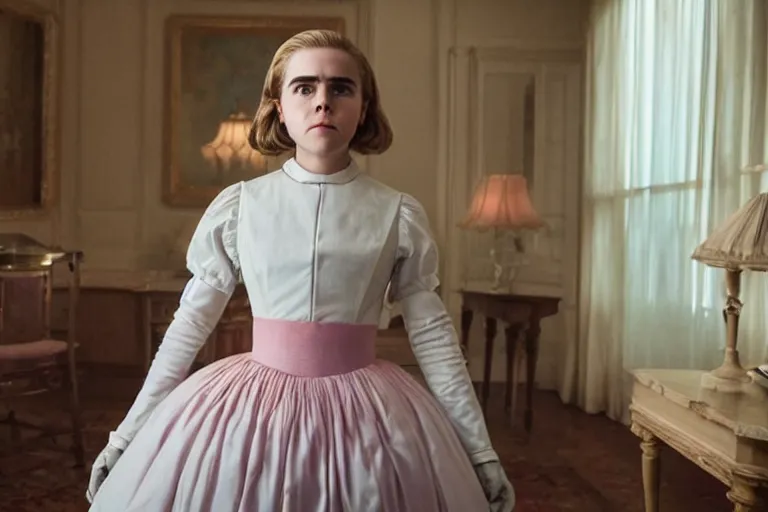 Image similar to wide-shot of Kiernan Shipka as the maid in the new movie directed by Wes Anderson, symmetrical shot, idiosyncratic, relentlessly detailed, pastel, limited colour palette, detailed face, movie still frame, promotional image, imax 70 mm footage