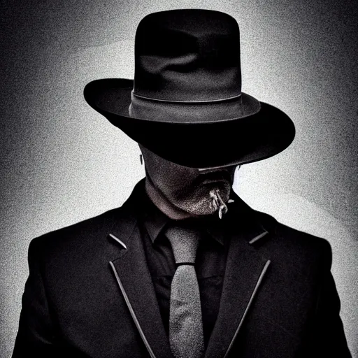 Image similar to mysterious man in black suit and black hat, he has a pistol, smoke, fog, mysterious, 4 k, highly detailed, digital art, strong shadows, high contrast, epic scene, atmospheric, blue colours, old photograph