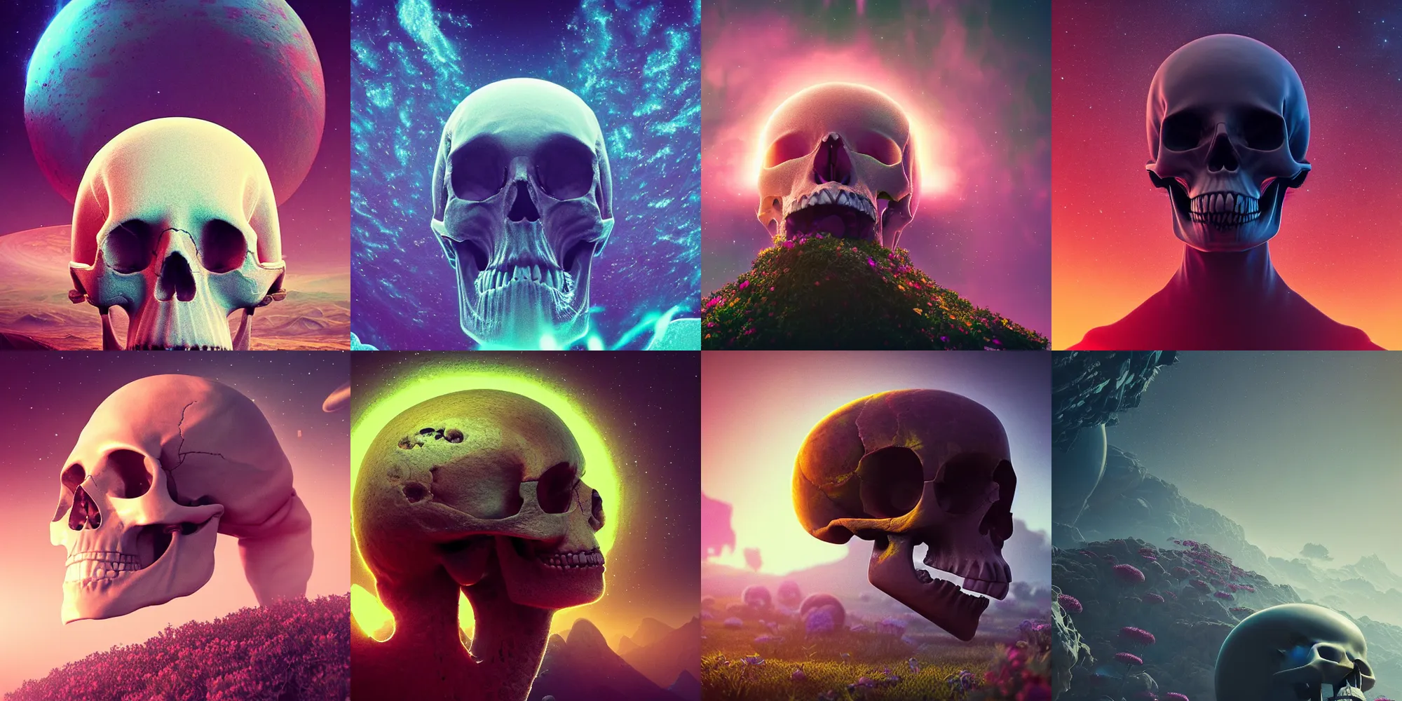 Prompt: earth screaming in the shape of a skull in space beautiful flowers growing, in the style of beeple and mike winkelmann, intricate, epic lighting, cinematic composition, hyper realistic, 8 k resolution, unreal engine 5,