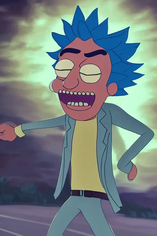 Image similar to hiper-realistic Rick Sanchez from Rick and Morty, running outside, 8k