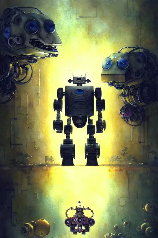 Image similar to pac man mech robot | esoteric symbolism | jean - baptiste monge, esao andrews, bastien lecouffe - deharme, tim jacobus, ken currie | ultra - detailed realism, soft cinematic lighting, hi - fructose, artstation, high - quality, ink watercolors wes anderson poster art