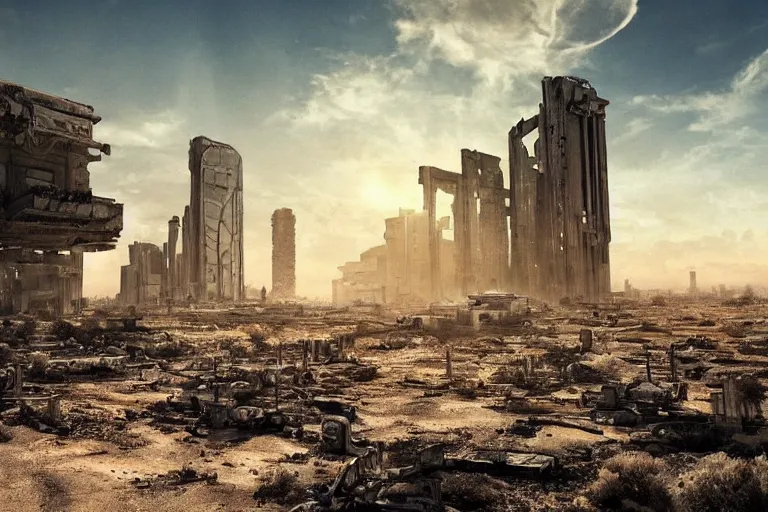 Prompt: intense sun desert landscape futuristic city ruins fallout post apocalyptic