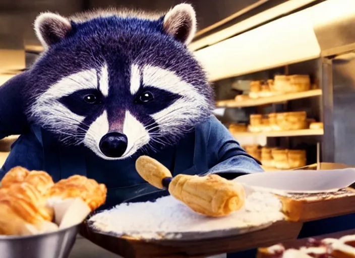 Image similar to film still of Rocket Racoon working as a pastry chef in the new Avengers movie, 4k