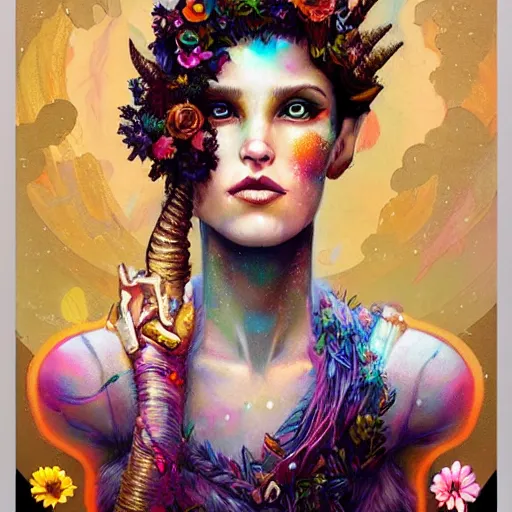 Image similar to Lofi biopunk portrait beautiful woman with short brown curly hair, roman face, unicorn, rainbow, floral, Pixar style, Tristan Eaton, Stanley Artgerm, Tom Bagshaw