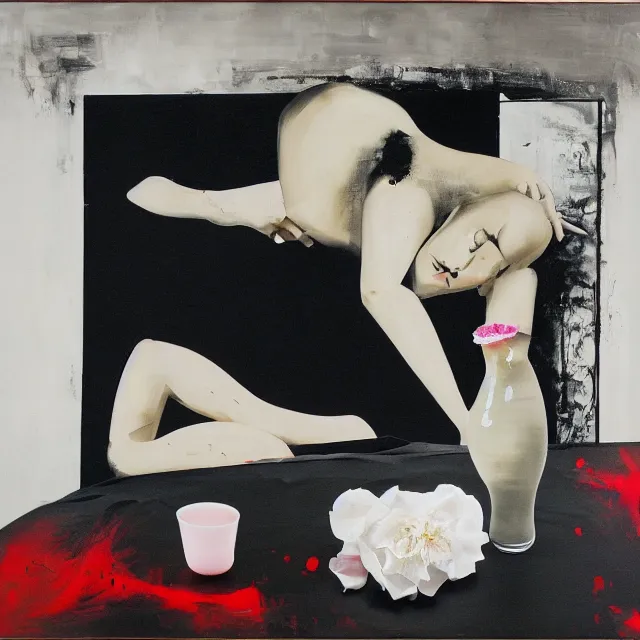 Image similar to empty room with black walls, sensual portrait of a woman sleeping, japanese vase, white flowers, puddle of water, octopus, squashed berries, neo - expressionism, surrealism, acrylic and spray paint and oilstick on canvas